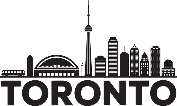 Black silhouette of toronto skyline design with bold lettering below