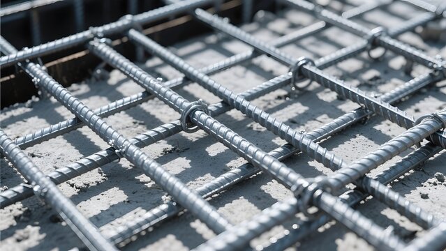 Close-up view of steel rebar grid on a concrete slab, essential reinforcement for modern construction projects and structural integrity in building foundations
