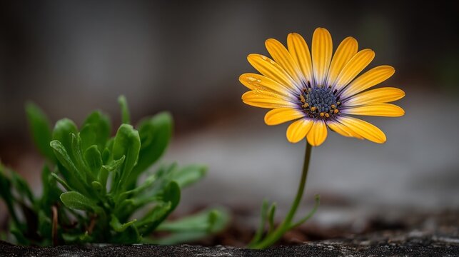 Close-up of a vibrant yellow daisy with a purple center, growing beside lush green foliage - Powered by Adobe