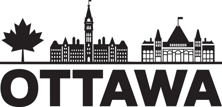Black silhouette of ottawa city skyline vector image featuring parliament and leaf