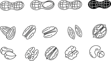 Collection of black and white nut and seed icons including peanuts, almonds, cashews, and walnuts for culinary vector illustration design.