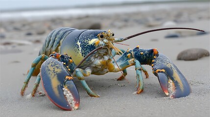 A vibrant lobster with blue and orange coloring rests on a sandy beach near the ocean
