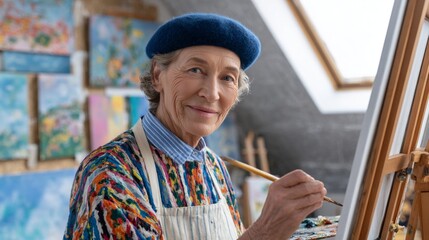 Woman artist painting in studio.