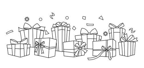 Illustration of gift box. Black line presents gift boxes for celebration, discounts or promotions.
