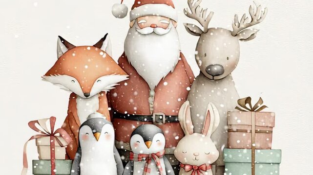 Watercolor christmas characters animation, santa claus, reindeer, fox, penguin and rabbit holiday