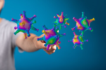 Artistic depiction of colorful virus models, representing the concept of the global pandemic and disease sprea