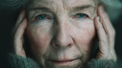 Intense closeup of an elderly woman with piercing blue eyes expressing deep emotion and contemplation