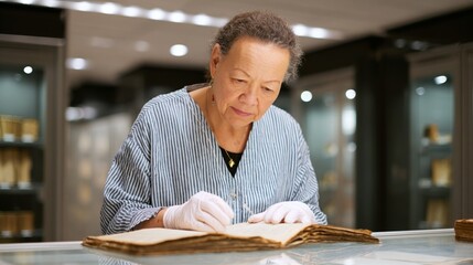 Older black woman writing in a book at a counter in a store.