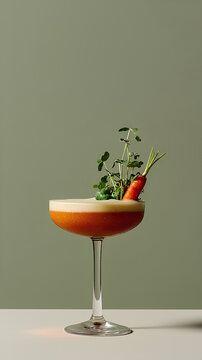 Vegetable carrot cocktail with thick creamy foam captured in a modern mixology setting. A stylish composition brings a sophisticated mood. Clean pastel background.
