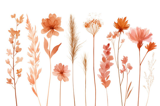 Hand Drawn Watercolor Autumn Dried Flowers and Grasses. An elegant row of terracotta and orange colored dried wildflowers, pampas grass, and seed heads.