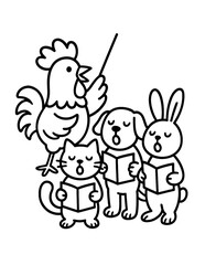 Fototapeta premium Cute animal choir art rooster conducting a group of singing animals including a cat dog and rabbit illustrated in simple line art style perfect for fun coloring pages musical character themes