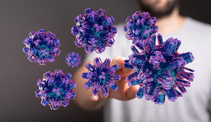 Illustration of viruses floating near a hand. Representing concepts of disease, health, and medical awareness.