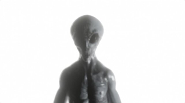 Humanoid Grey Alien Walks in Focus while being surrounded by bright white light CGI 3D Animation