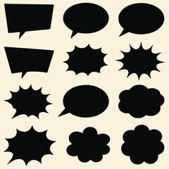Collection of twelve black speech bubbles and comic style shapes for dialogue and communication design elements