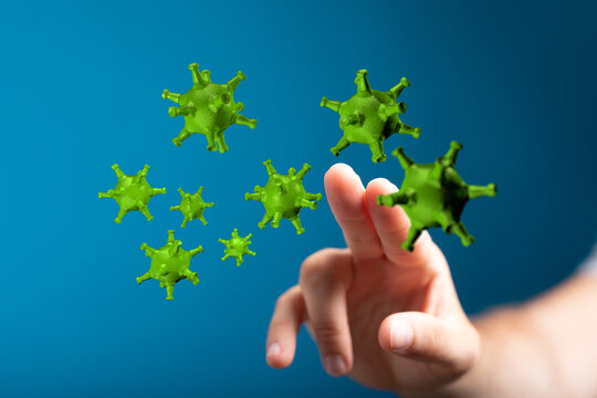 Hand touching virus cells, healthcare concept of coronavirus disease, COVID-19 pandemic and infection. Fightin - Powered by Adobe