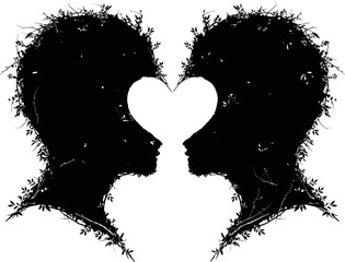Black vector silhouette of a loving couple profile with heart symbol, perfect for romance and wedding designs