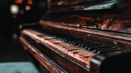 Close-up of aged piano, its keys and wooden surface, in dim-lit interior