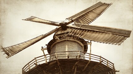 Close-up of aged windmill structure with large turning blades, vintage effect