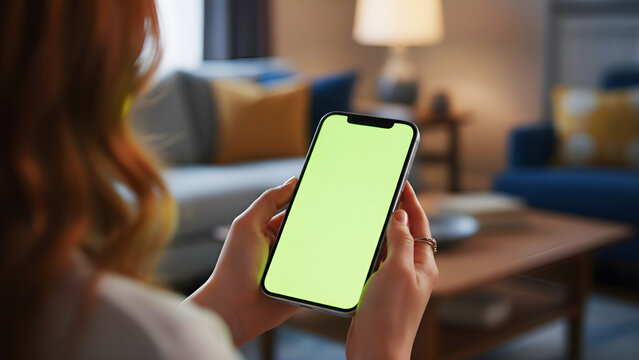 Hand holding mobile smartphone with blank green screen chroma key for mockup in redhead woman hands with blurred sofa and wooden table background for home interior app display - Powered by Adobe