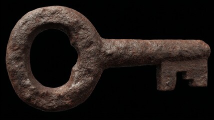 Close-up of an old, heavily rusted skeleton key isolated on a stark, black background