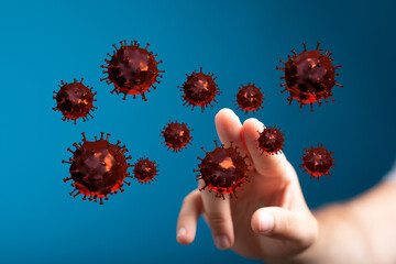 Human hand interacting with abstract representation of viruses. Concepts of disease, epidemic,...