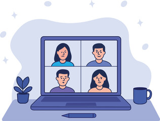 Remote Team Video Conference on Laptop – Online Meeting Illustration
