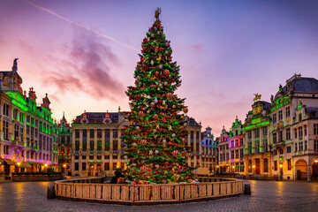 Panoramic view of the Grand Place in Brussels, Belgium, with a Christmas Tree for the festive season during a beautiful winter sunrise without people