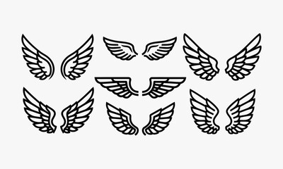 A diverse collection of black outline wing designs, showcasing various stylized graphic elements on a white background.