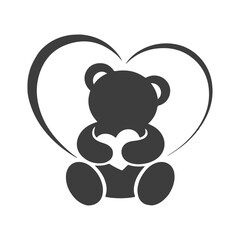 Cute teddy bear silhouette holding a heart, simple graphic design for love, affection, and childrens themes