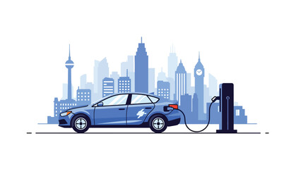 Flat illustration of a modern electric car charging at a station in a smart eco city. Perfect for topics about future mobility, green energy, and modern clean transportation