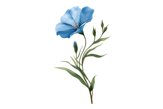 Elegant Hand Drawn Watercolor Single Blue Flax Flower. A beautiful and delicate illustration of a single blue linum flower with a stem and several green buds.