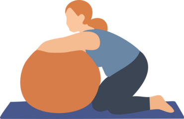A pregnant woman kneels on a yoga mat while gently leaning forward over a large exercise ball in a relaxed prenatal stretch.