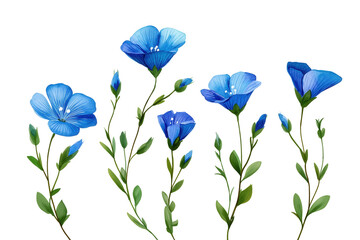 Fototapeta premium Beautiful Hand Drawn Watercolor Blue Flax Flowers. A graceful composition of five blooming blue linum flowers with delicate buds on slender green stems.