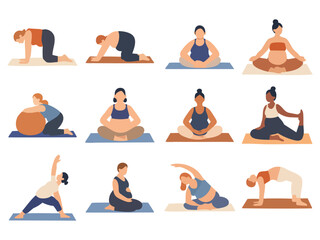 A collection of illustrated pregnant women practice different prenatal yoga poses on mats, including stretching, meditation, balance, and exercise-ball routines.