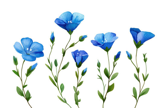 Beautiful Hand Drawn Watercolor Blue Flax Flowers. A graceful composition of five blooming blue linum flowers with delicate buds on slender green stems.