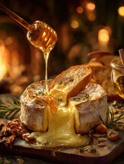 Luxurious Close-Up of Golden Honey Being Drizzled Onto Baked Melting Brie Cheese Wheel Garnished with Herbs Served with Fresh Baguette Slice and Walnuts