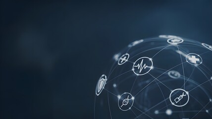 Global digital healthcare network with connected medical icons and modern data flow