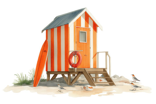 Hand Drawn Watercolor Summer Beach Hut with Surfboard. A charming seaside scene with an orange and white striped beach cabin, a surfboard, and little birds. - Powered by Adobe