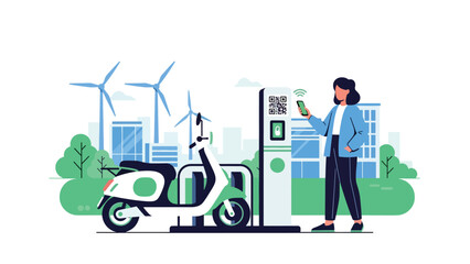 Flat illustration of a person unlocking an e-scooter using a mobile app. Great for shared mobility, modern city transportation, and digital commuting solutions