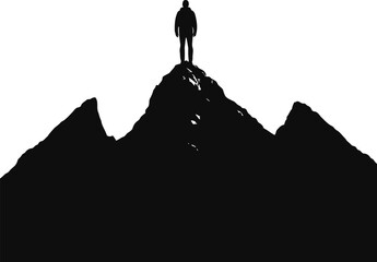 A solitary figure stands triumphantly atop a rugged mountain peak, symbolizing ambition, achievement, and the victorious culmination of a challenging journey