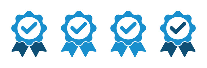 Award Ribbon Checkmark Icons Vector Illustration Featuring Premium Quality Certification Badges With Verification Symbols For Achievement Recognition And Professional Graphic Design