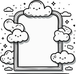 A cute rectangular cloud-themed frame with smiling clouds, rainbow-style lines, and tiny stars floating around in a playful black-and-white illustration.