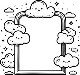 A cute rectangular cloud-themed frame with smiling clouds, rainbow-style lines, and tiny stars floating around in a playful black-and-white illustration.
