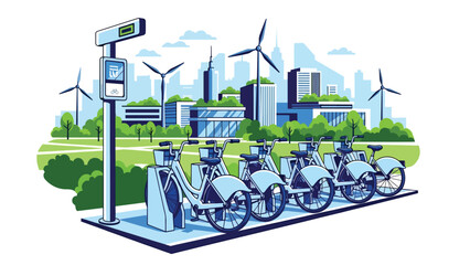 Flat illustration of a modern public bike-sharing station with multiple bikes and digital screen. Perfect for eco commuting, community transport, and smart mobility services