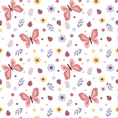 Print with butterfly, ladybug, flowers and leaves seamless pattern