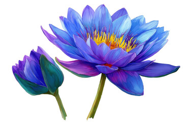 Vibrant Blue Lotus Hand Drawn Watercolor Flowers Illustration