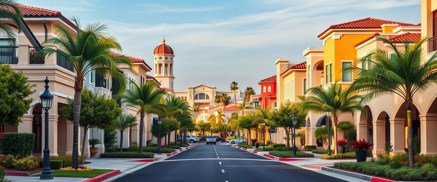 Charming Costa Mesa streetscape, showcasing architectural diversity and lush landscaping,  neighborhood,  sunny