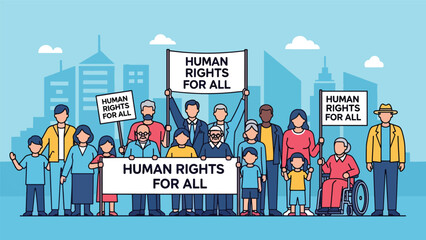 Vector art of a diverse community peacefully marching for equality, holding signs supporting universal human rights, promoting social justice and inclusion in an urban public setting