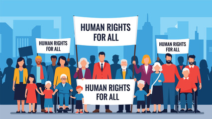 Vector art of a diverse community peacefully marching for equality, holding signs supporting universal human rights, promoting social justice and inclusion in an urban public setting