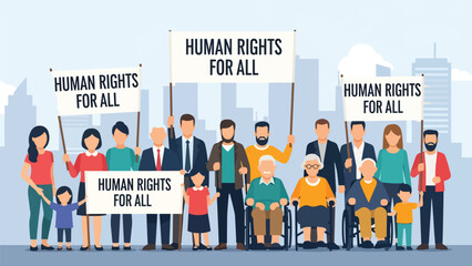 Vector art of a diverse community peacefully marching for equality, holding signs supporting universal human rights, promoting social justice and inclusion in an urban public setting